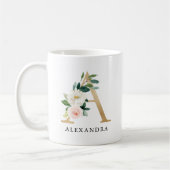 赤面ピンクフローラ&金ゴールドレターAモノグラム コーヒーマグカップ (左)