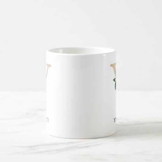赤面ピンクフローラ&金ゴールドレターYモノグラム コーヒーマグカップ (中央)