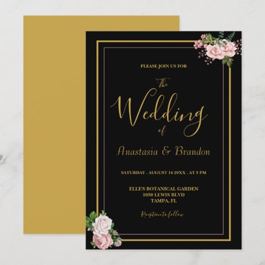 赤面ピンクフローラ&金ゴールド結婚ズ 招待状 (正面/裏面)