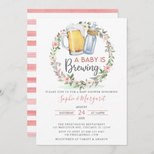 赤面ピンクフローラAベビーは赤ちゃんシャワーを醸造している 招待状 (正面/裏面)
