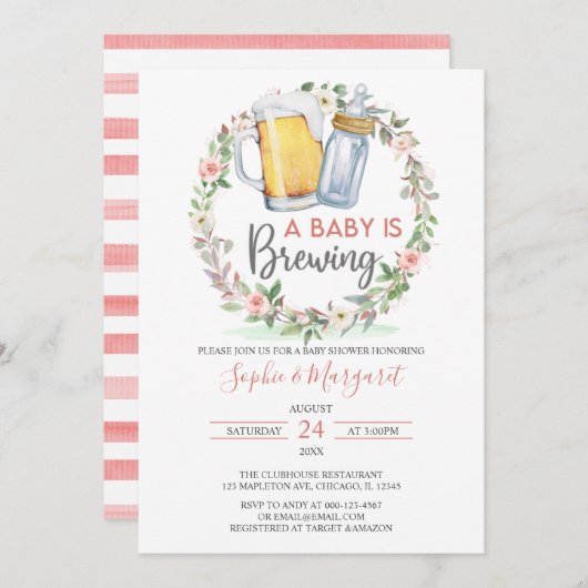 赤面ピンクフローラAベビーは赤ちゃんシャワーを醸造している 招待状 (正面/裏面)