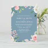 赤面ピンクフローラQRコードほこりっぽいブルー結婚ズ 招待状 (スタンド正面)