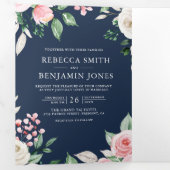 赤面ピンクフローラQRコードネイビーブルー結婚ズ 三つ折り招待状 (内部最初)