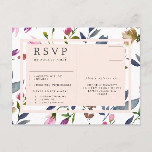 赤面ピンクフローラRSVPポストカードメニューのオプション インビテーションポストカード (裏面)