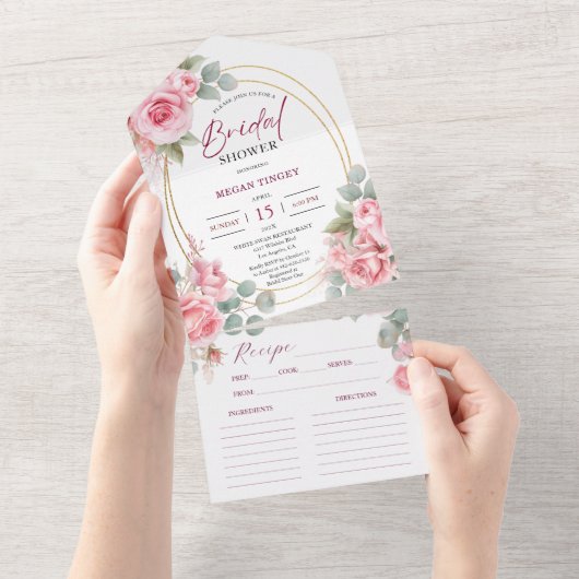 赤面ピンクブライダルシャワーバラ金ゴールドレシピ オールインワン招待状 (貼ってはがせる)