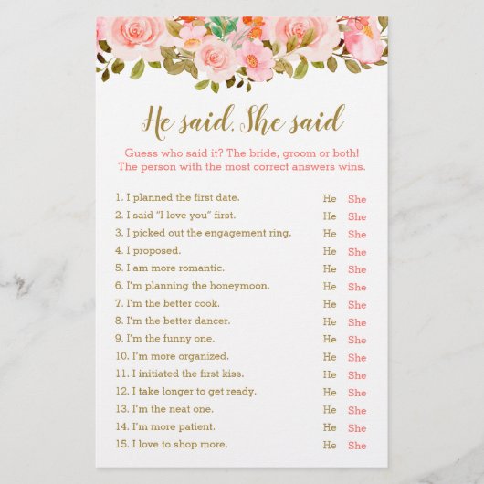 赤面ピンクブライダルシャワー彼は彼女はゲームを言った (正面)