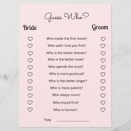 赤面ピンクブライダルシャワー推測Whoゲーム プログラム (正面)
