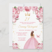 赤面ピンクブラウンヘアプリンセス誕生日パーティー 招待状 (正面)