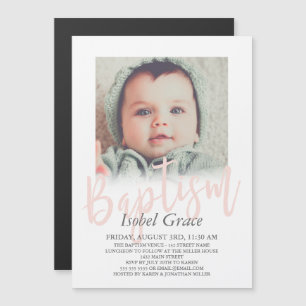 赤面ピンクブラシスクリプト写真バプテスマ マグネット招待状