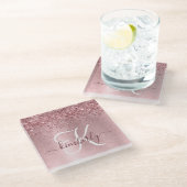 赤面ピンクブラシ仕上げメタルグリッターモノグラム名 ガラスコースター (アングル)