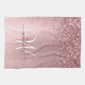 赤面ピンクブラシ仕上げメタルグリッターモノグラム名 キッチンタオル (横)