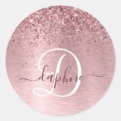 赤面ピンクブラシ仕上げメタルグリッターモノグラム名 ラウンドシール (正面)