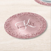 赤面ピンクブラシ仕上げメタルグリッターモノグラム名 ラウンドペーパーコースター (アングル)