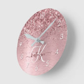 赤面ピンクブラシ仕上げメタルグリッターモノグラム名 ラウンド壁時計 (傾斜)