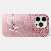 赤面ピンクブラシ仕上げメタルグリッターモノグラム名 Case-Mate iPhoneケース (裏面 (横))