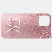 赤面ピンクブラシ仕上げメタルグリッターモノグラム名 Case-Mate iPhoneケース (裏面 (横))