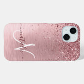 赤面ピンクブラシ仕上げメタルグリッターモノグラム名 Case-Mate iPhoneケース (裏面 (横))