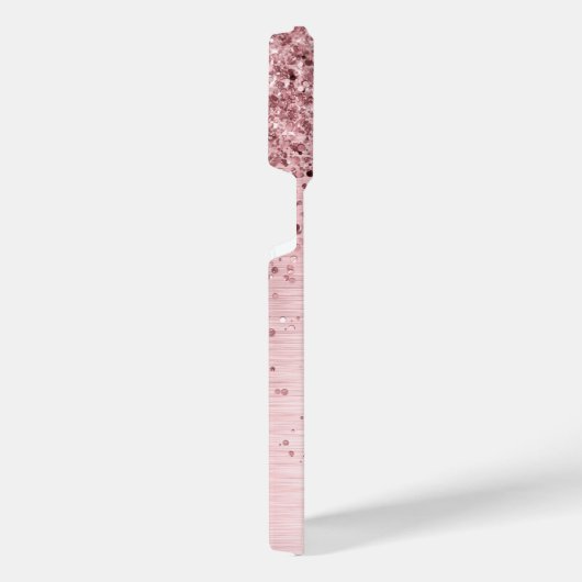 赤面ピンクブラシ仕上げメタルグリッターモノグラム名 iPhoneケース (右側面)