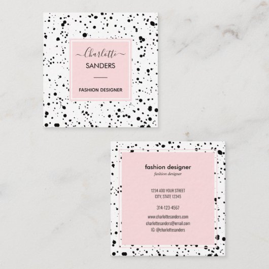 赤面ピンクブラックインク(ばちゃばちゃ)跳ねるスクエアビジネスカ スクエア名刺 (正面/裏面)