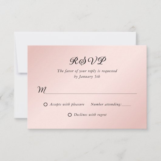 赤面ピンクブラックエレガントミニマリストウェディングRSVP 出欠カード (正面)