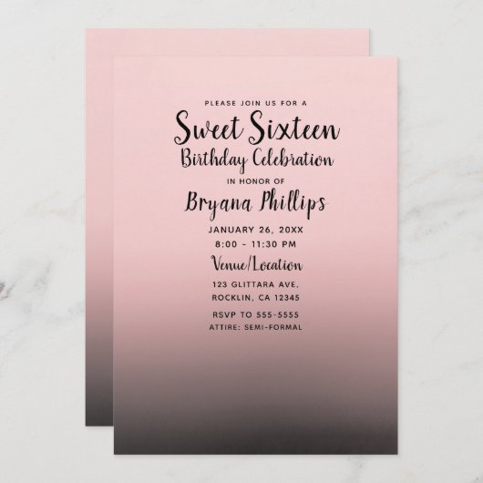 赤面ピンクブラックグラデーションシックモダンスウィート16パーティー 招待状 (正面/裏面)