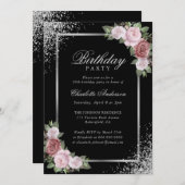 赤面ピンクブラックシルバーフローラ誕生日パーティー 招待状 (正面/裏面)