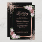 赤面ピンクブラックバラ金ゴールドフローラ誕生日パーティー 招待状 (正面/裏面)