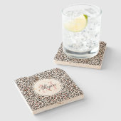 赤面ピンクブラックヒョウ印刷モノグラム ストーンコースター (横)