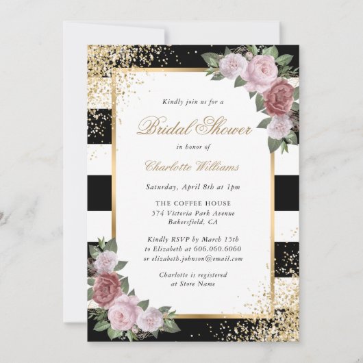 赤面ピンクブラック金ゴールドグリッターフローラブライダルシャワー 招待状 (正面)