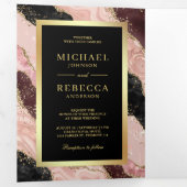 赤面ピンクブラック金ゴールド瑪瑙マーブルQRコード結婚ズ 三つ折り招待状 (内部最初)