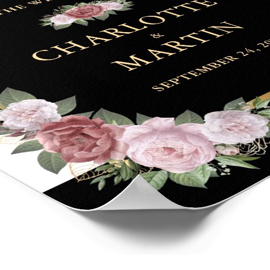 赤面ピンクブラック金ゴールド結婚フローラのウェルカムサイン ポスター (角)