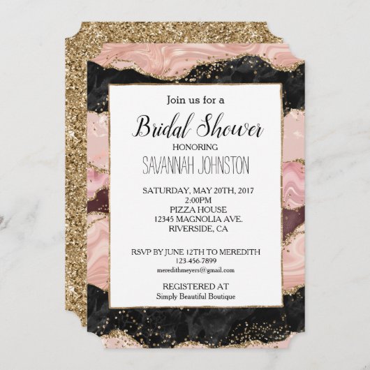 赤面ピンクブルガンディブラックグリジーグリッター 招待状 (正面/裏面)