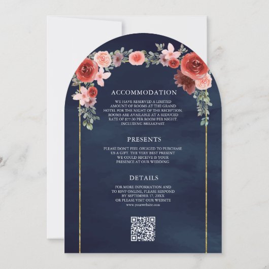 赤面ピンクブルゴーニュフローラアーチ写真ネイビー結婚ズ 招待状 (裏面)