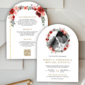 赤面ピンクブルゴーニュフローラアーチ結婚写真 招待状