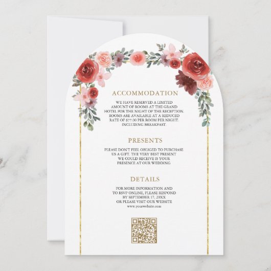 赤面ピンクブルゴーニュフローラアーチ結婚写真 招待状 (裏面)