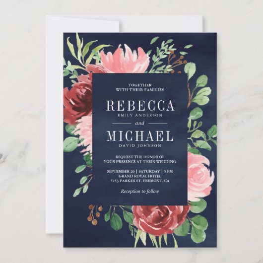 赤面ピンクブルゴーニュフローラオールインワンネイビー結婚ズ 招待状 (正面)