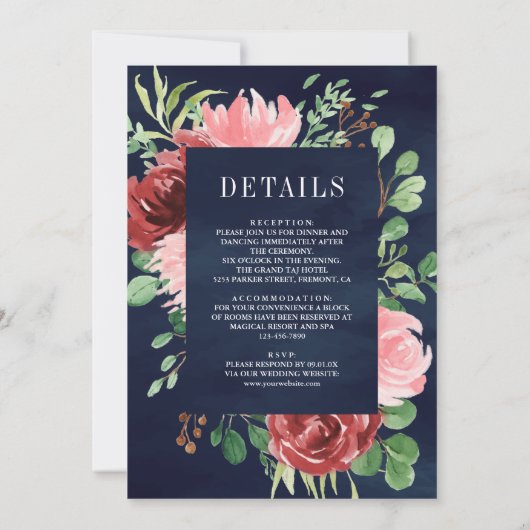 赤面ピンクブルゴーニュフローラオールインワンネイビー結婚ズ 招待状 (裏面)