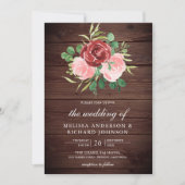 赤面ピンクブルゴーニュフローラオールインワン結婚ウッド 招待状 (正面)