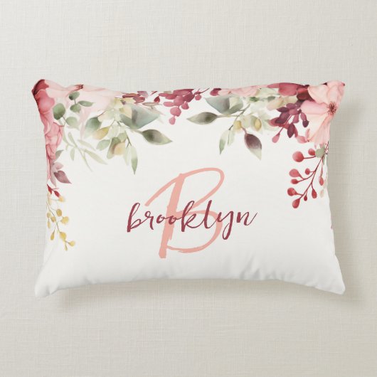 赤面ピンクブルゴーニュフローラスクリプトモノグラム アクセントクッション (正面)