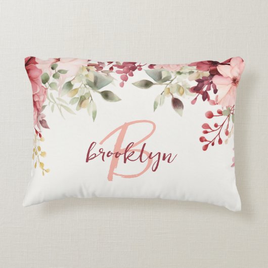 赤面ピンクブルゴーニュフローラスクリプトモノグラム アクセントクッション (裏面)