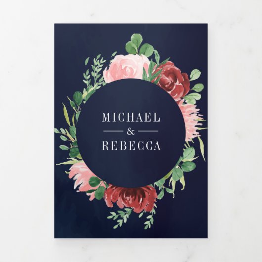 赤面ピンクブルゴーニュフローラネイビーブルー結婚ズ 三つ折り招待状 (カバー)