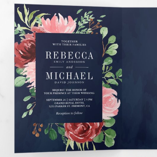 赤面ピンクブルゴーニュフローラネイビーブルー結婚ズ 三つ折り招待状 (内部最初)