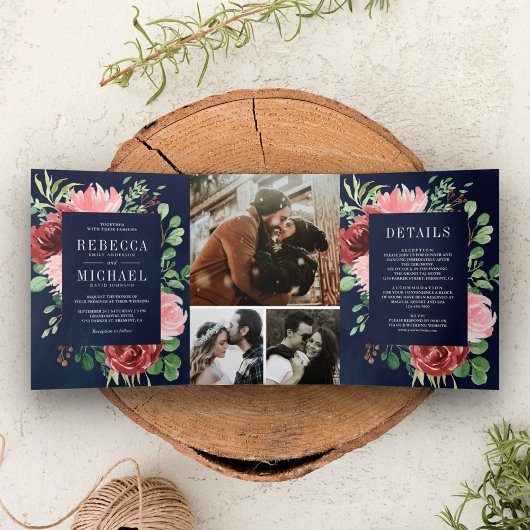 赤面ピンクブルゴーニュフローラネイビーブルー結婚ズ 三つ折り招待状