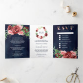 赤面ピンクブルゴーニュフローラネイビーブルー結婚ズ 三つ折り招待状 (内部)