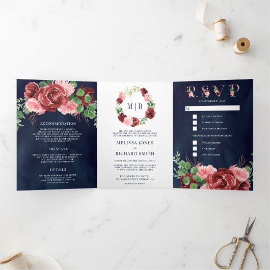 赤面ピンクブルゴーニュフローラネイビーブルー結婚ズ 三つ折り招待状 (内部)