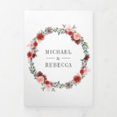 赤面ピンクブルゴーニュフローラフォトコラージュ結婚ズ 三つ折り招待状 (カバー)