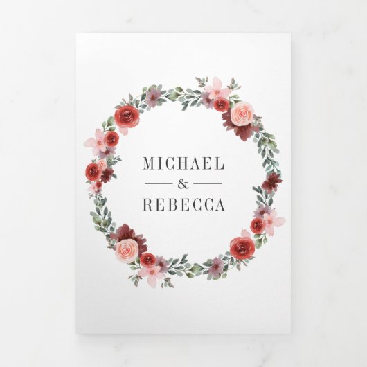 赤面ピンクブルゴーニュフローラフォトコラージュ結婚ズ 三つ折り招待状 (カバー)