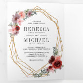 赤面ピンクブルゴーニュフローラフォトコラージュ結婚ズ 三つ折り招待状 (内部最初)