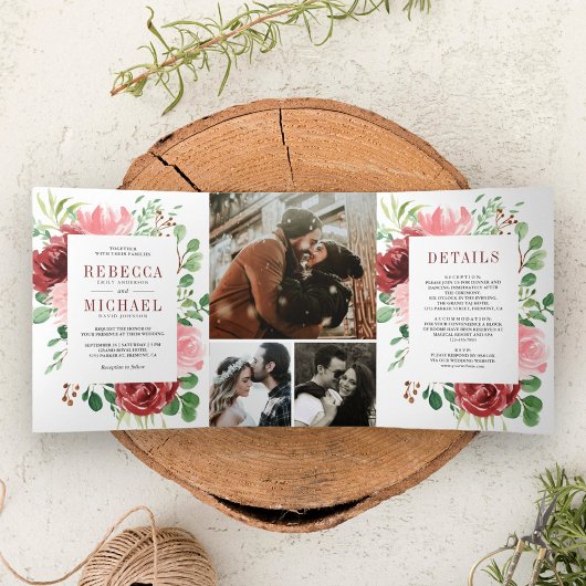 赤面ピンクブルゴーニュフローラフォトコラージュ結婚ズ 三つ折り招待状