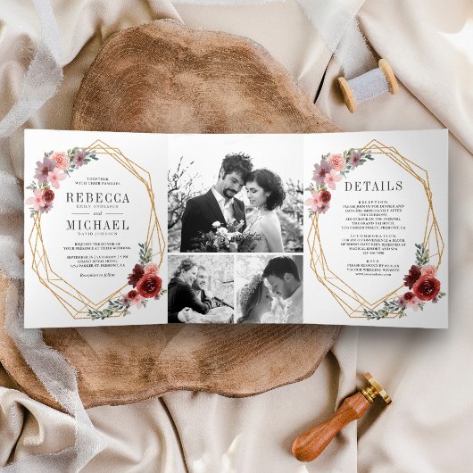 赤面ピンクブルゴーニュフローラフォトコラージュ結婚ズ 三つ折り招待状